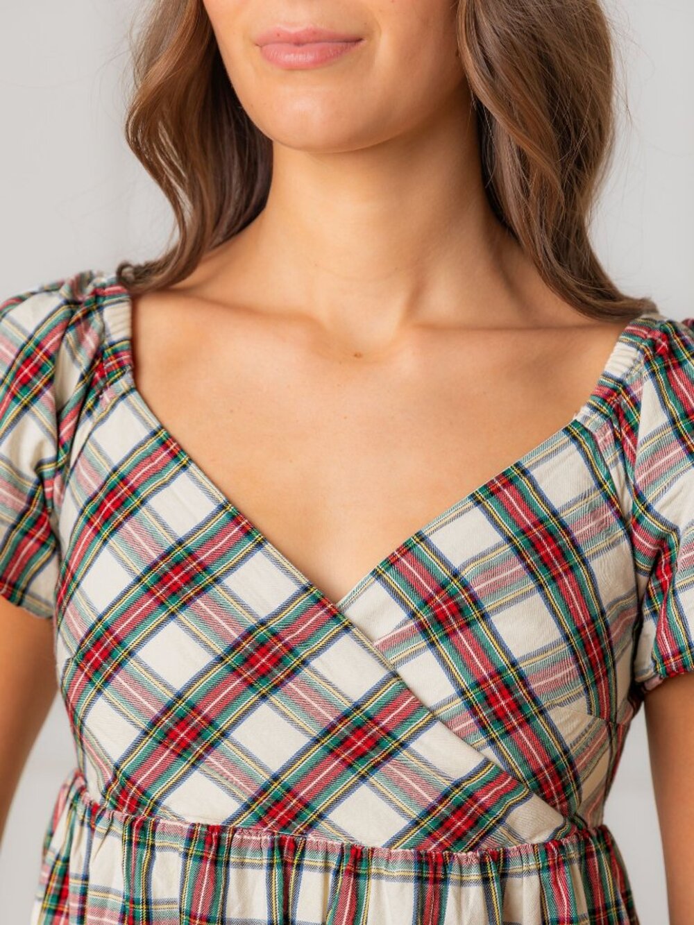 Hope & Henry Puff Sleeve Crossover Dress - Ivory Holiday Tartan - Picture 2 of 6